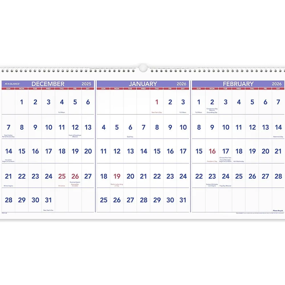 2025 Calendars|AT-A-GLANCE 2024 -2026 27" x 12" Three-Month Wall Calendar, White/Purple (PM14-28-25)