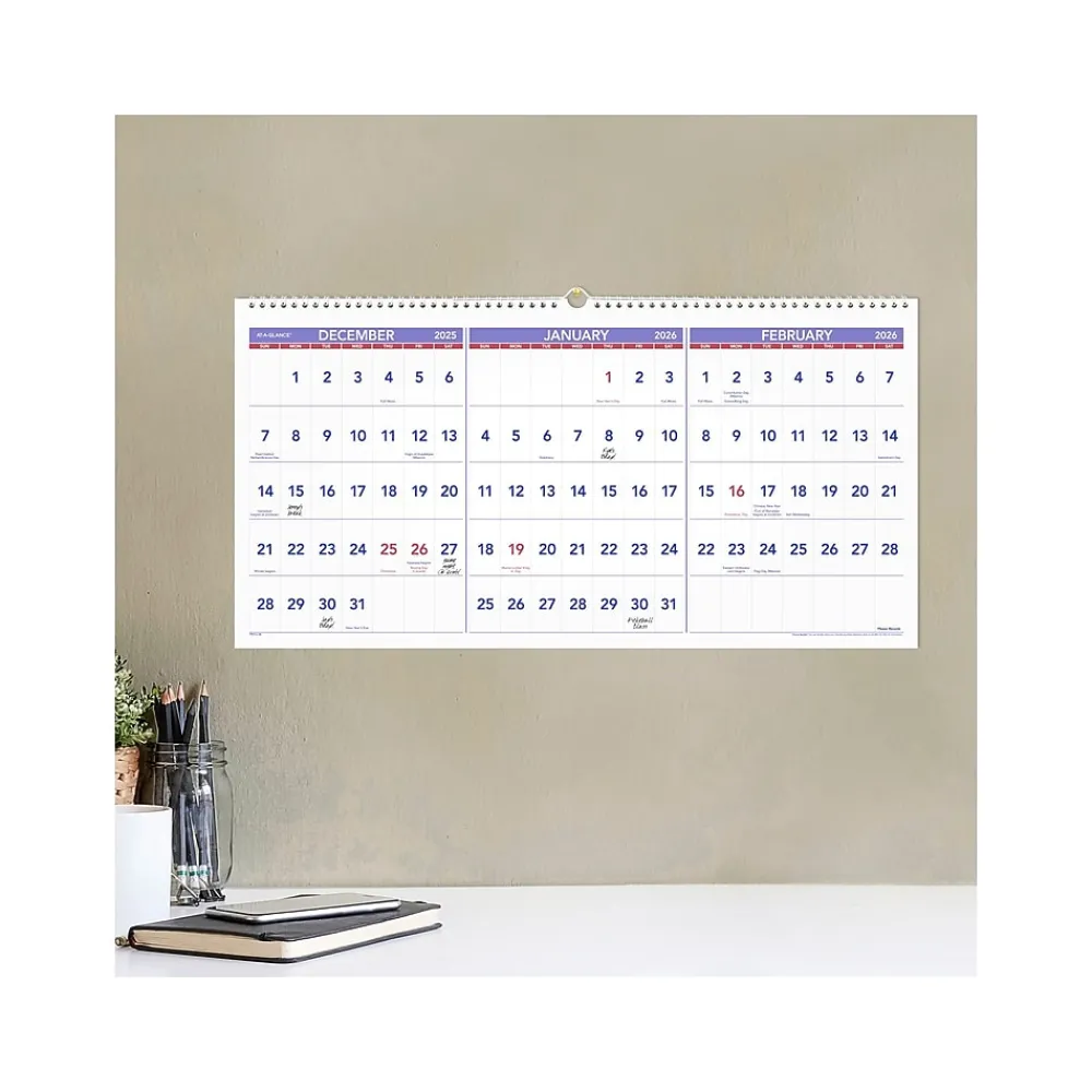 2025 Calendars|AT-A-GLANCE 2024 -2026 27" x 12" Three-Month Wall Calendar, White/Purple (PM14-28-25)