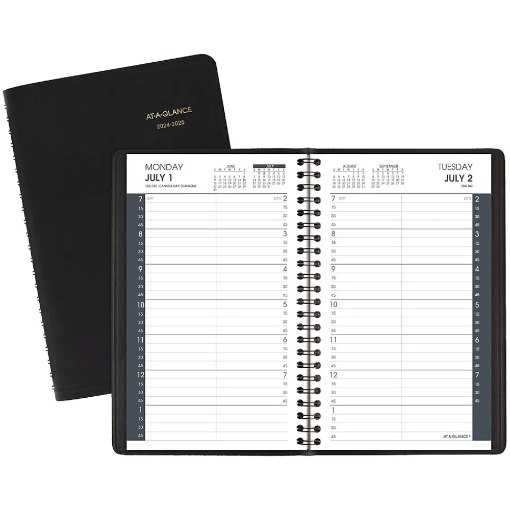 Academic Planners|AT-A-GLANCE 2024-2025 5" x 8" Academic Daily Planner, Faux Leather Cover, Black (70-807-05-25)