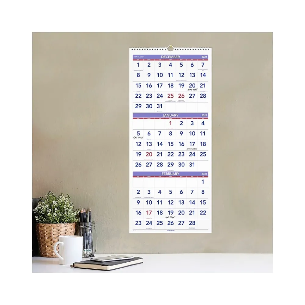 2025 Calendars|AT-A-GLANCE 2025 12" x 27" Three-Month Wall Calendar, White/Purple (PM11-28-25)