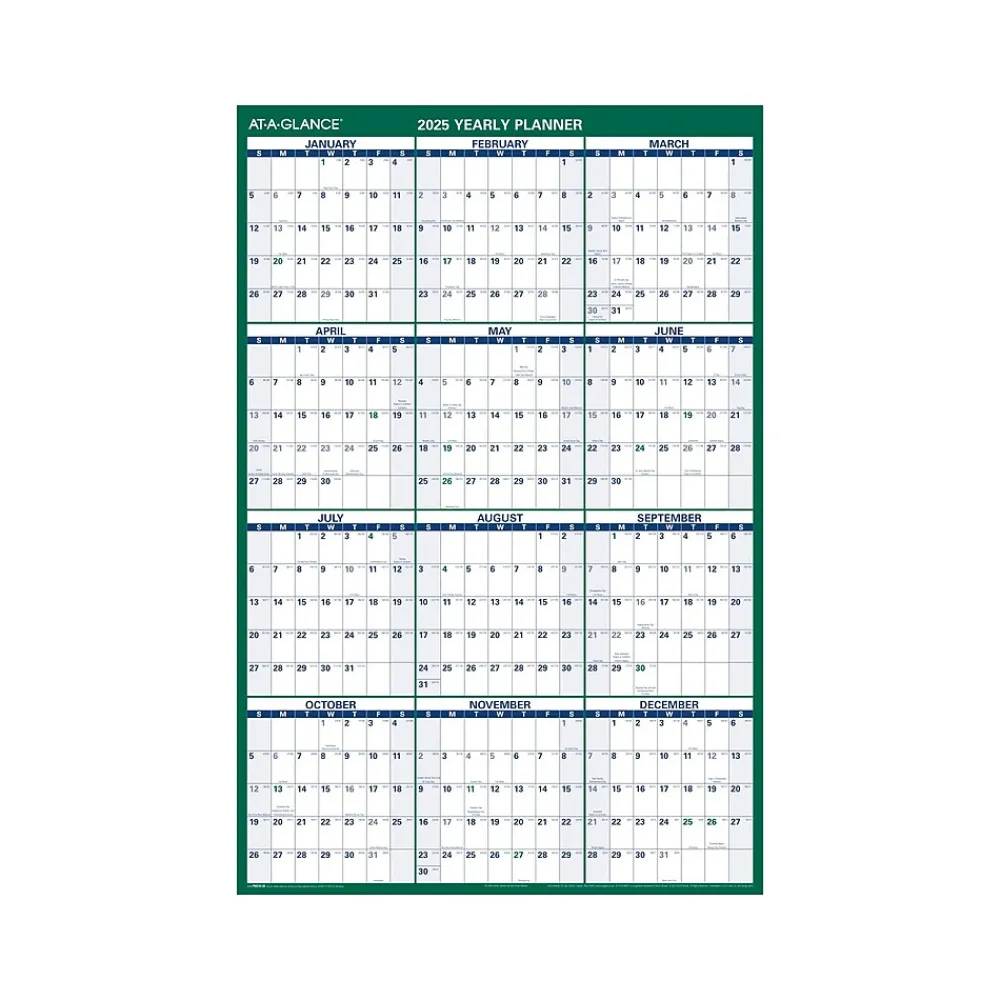 2025 Calendars|AT-A-GLANCE 2025 32" x 48" Yearly Dry Erase Wall Calendar, Reversible, White/Green (PM310-28-25)