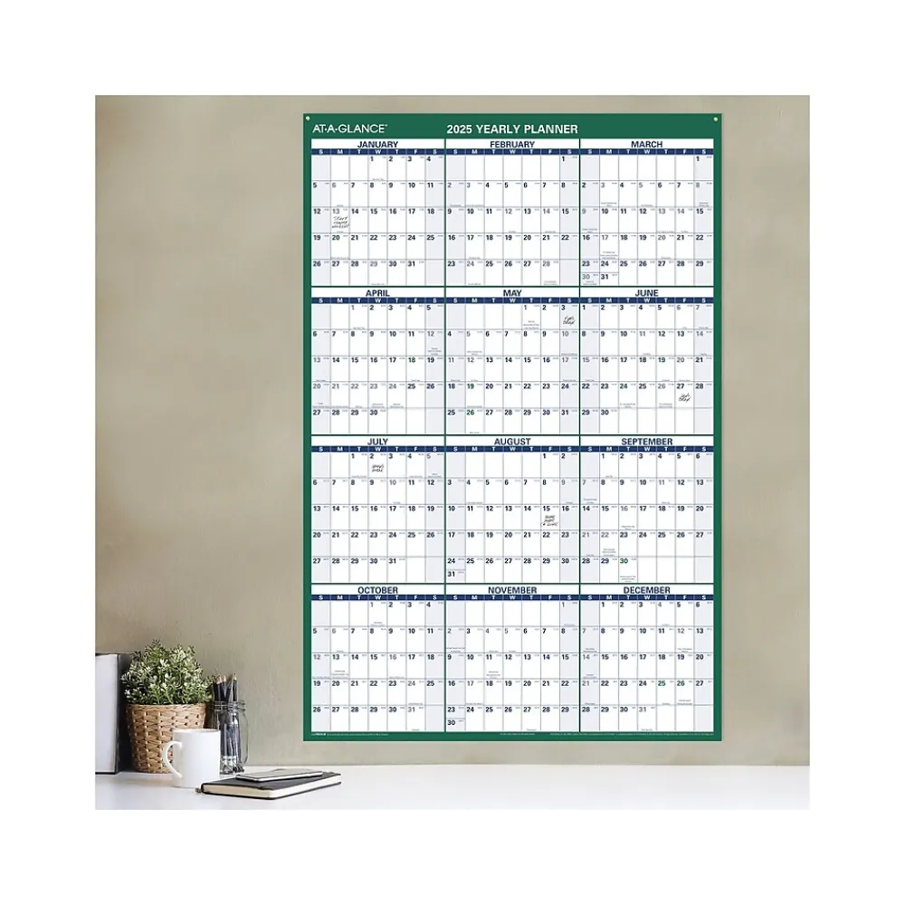 2025 Calendars|AT-A-GLANCE 2025 32" x 48" Yearly Dry Erase Wall Calendar, Reversible, White/Green (PM310-28-25)