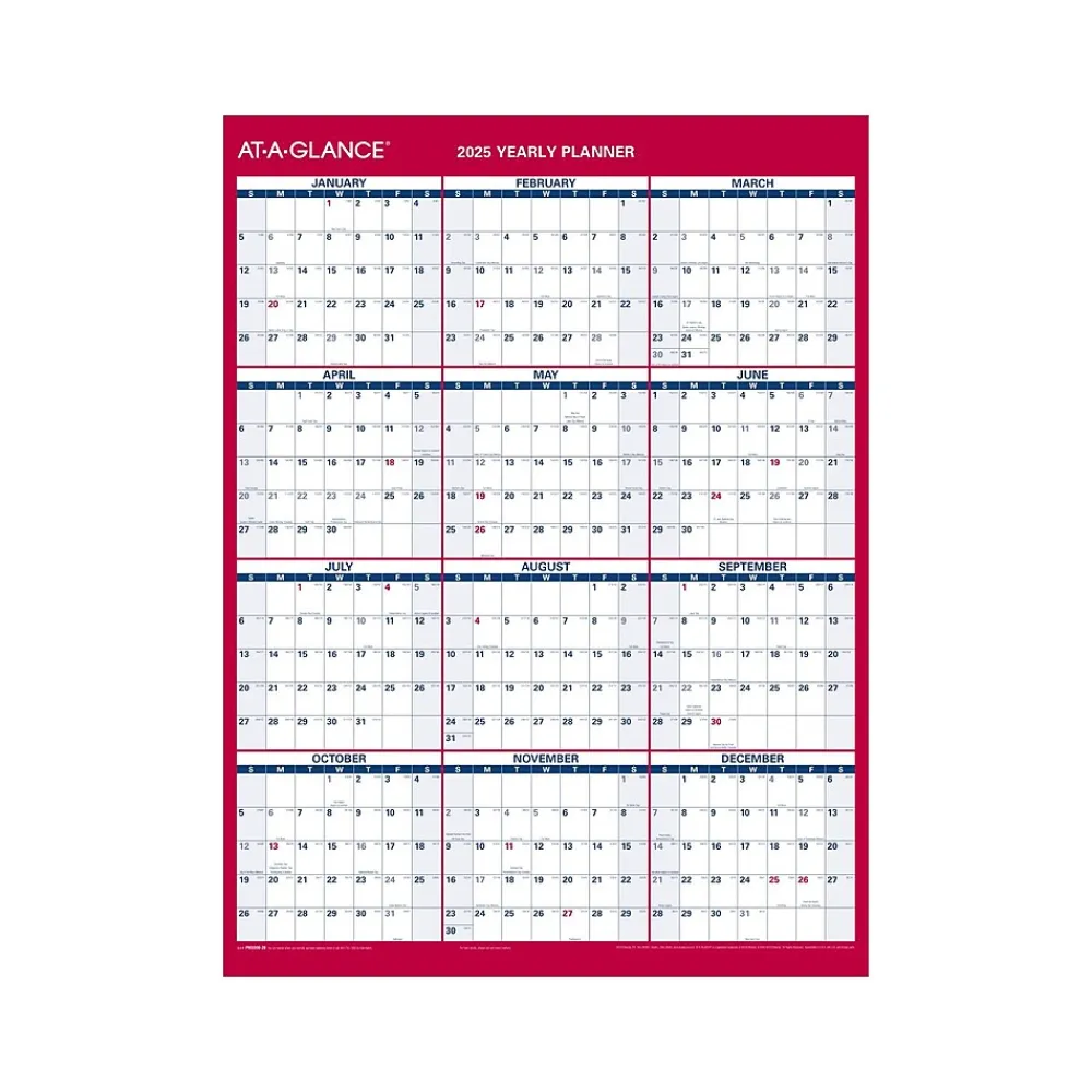 2025 Calendars|AT-A-GLANCE 2025 16" x 12" Yearly Wet-Erase Wall Calendar, Reversible, White/Red (PM330B-28-25)