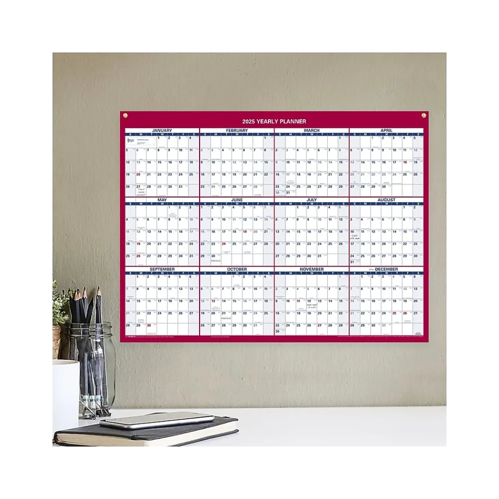 2025 Calendars|AT-A-GLANCE 2025 16" x 12" Yearly Wet-Erase Wall Calendar, Reversible, White/Red (PM330B-28-25)