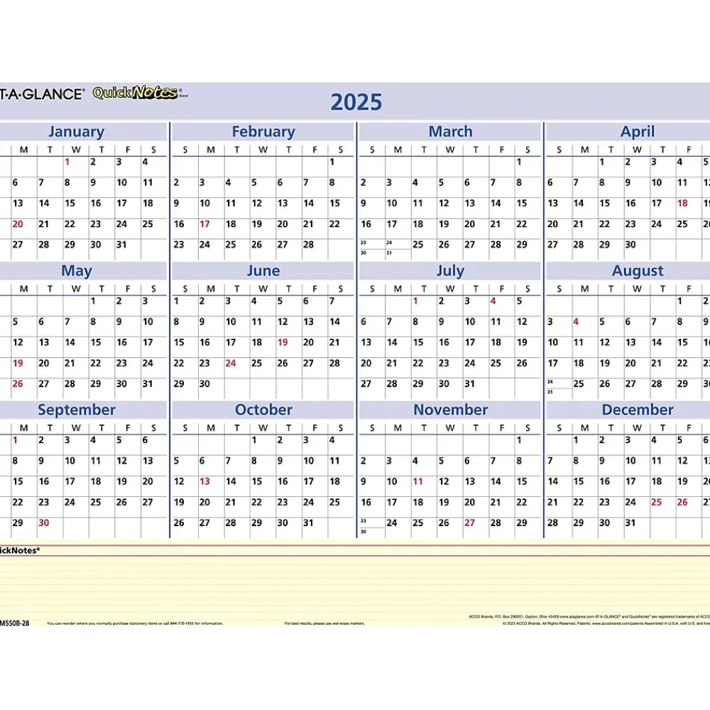 2025 Calendars|AT-A-GLANCE 2025 QuickNotes 16" x 12" Yearly/Monthly Wet-Erase Wall Calendar, Reversible (PM550B-28-25)