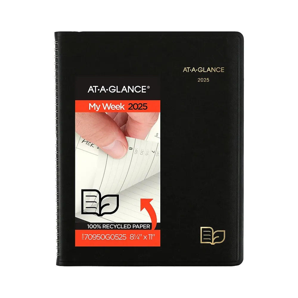 2025 Planners|AT-A-GLANCE 2025 Recycled 8.25" x 11" Weekly & Monthly Appointment Book Planner, Faux Leather Cover, Black (70-950G-05-25)