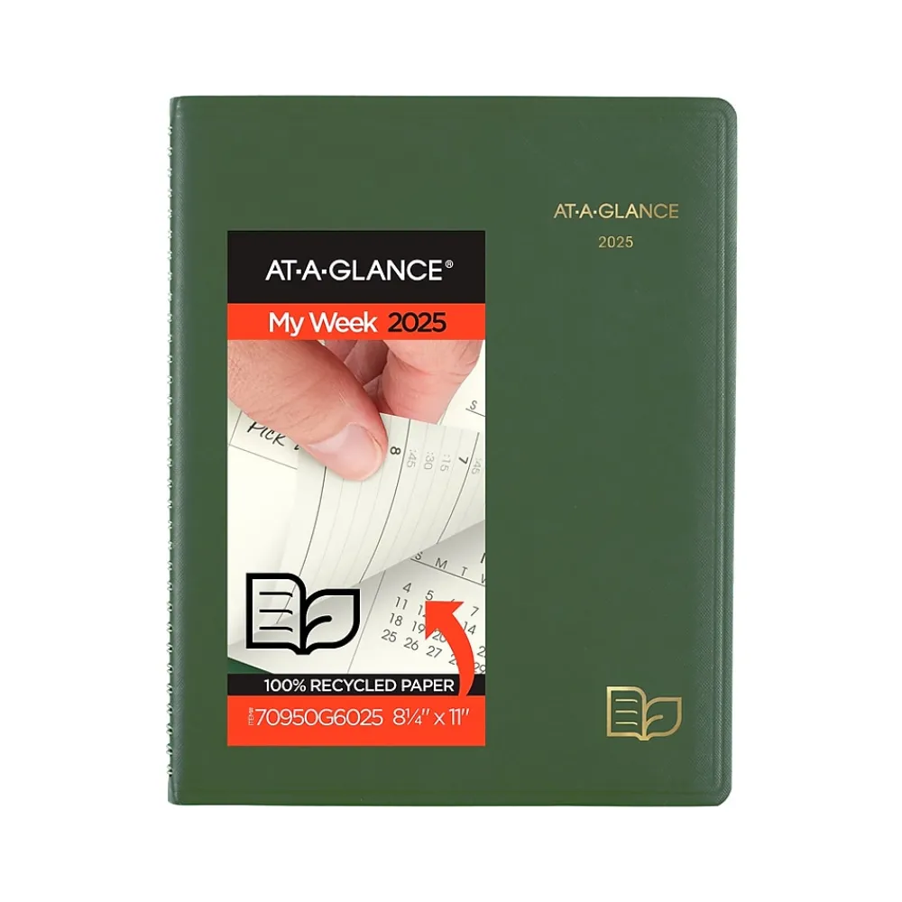 2025 Planners|AT-A-GLANCE 2025 Recycled 8.25" x 11" Weekly & Monthly Appointment Book, Faux Leather Cover, Green (70-950G-60-25)