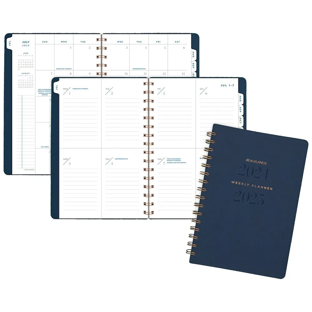 Academic Planners|AT-A-GLANCE 2024-2025 Signature Collection 5.5" x 8.5" Academic Weekly & Monthly Planner, Faux Leather Cover, Navy