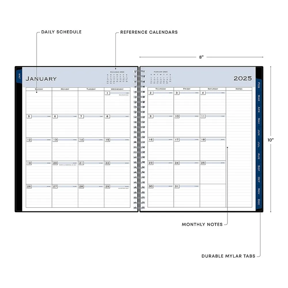 2025 Planners|Blue Sky 2025 8" x 10" Monthly Planner, Plastic Cover, Black (150844)