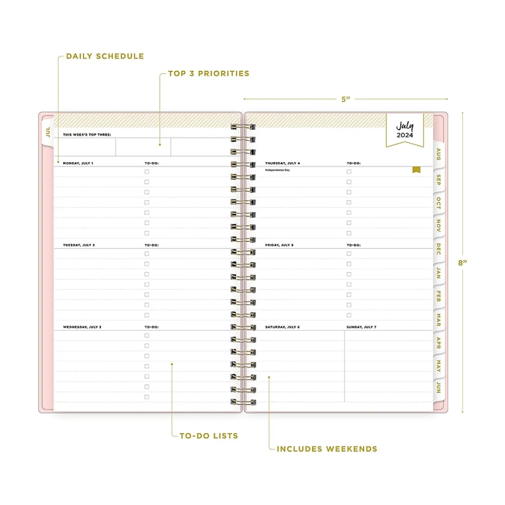 Academic Planners|Blue Sky 2024-2025 Day Designer Blush 5" x 8" Academic Weekly & Monthly Planner, Plastic Cover, Pink (150138)
