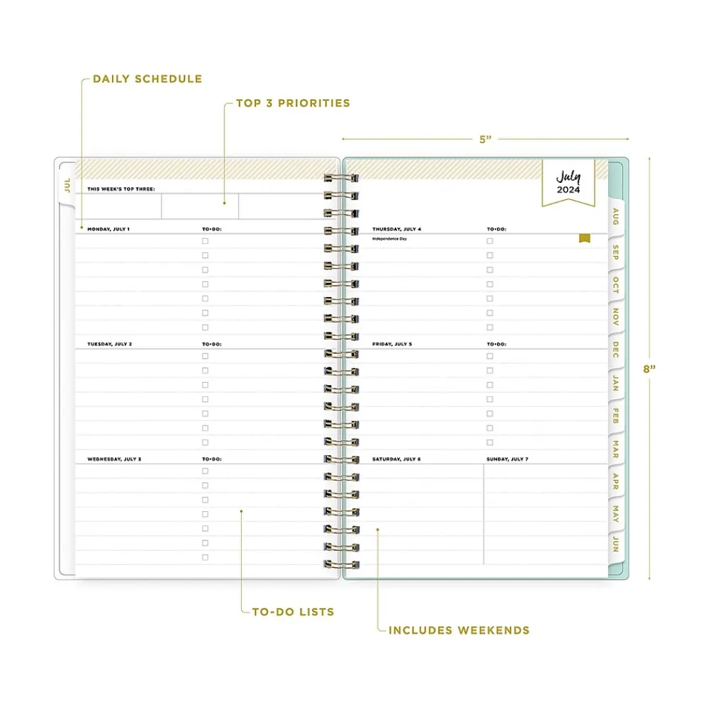 Academic Planners|Blue Sky 2024-2025 Day Designer Secret Garden Mint 5" x 8" Academic Weekly & Monthly Planner, Plastic Cover, Multicolor