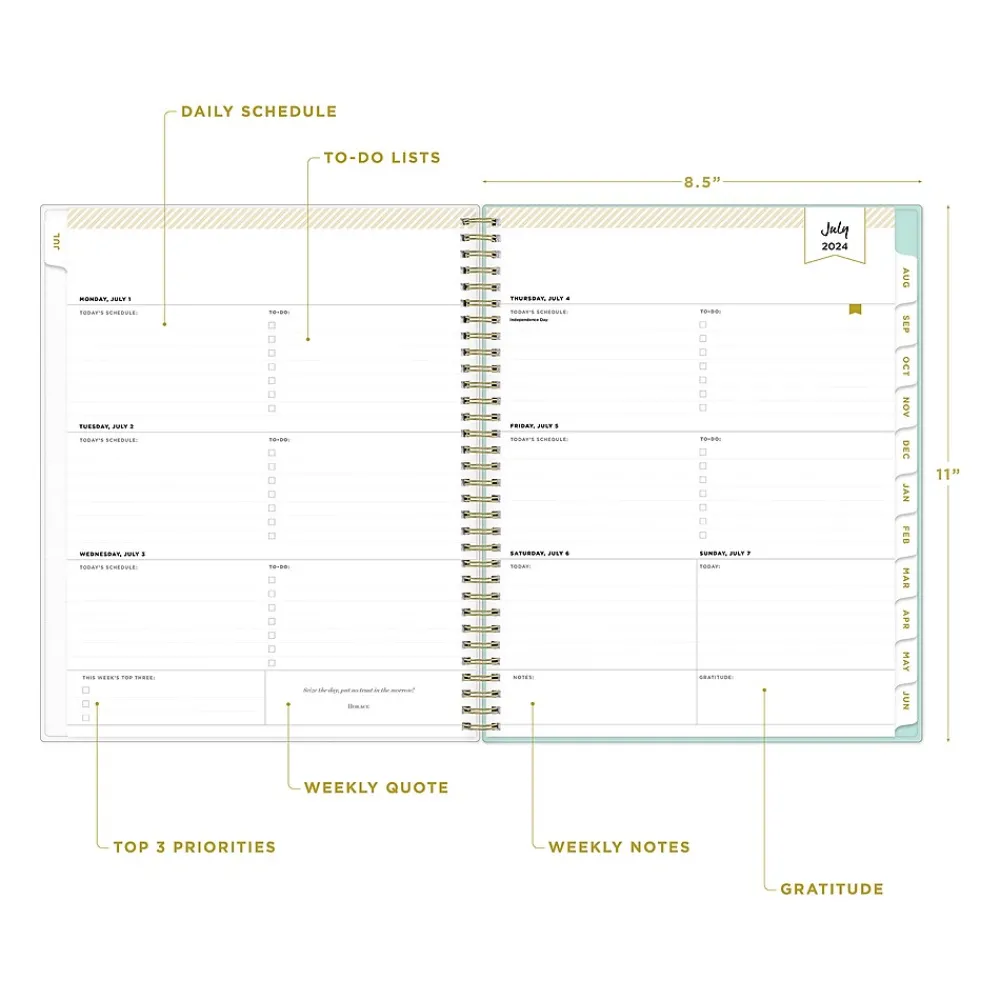 Academic Planners|Blue Sky 2024-2025 Day Designer Secret Garden Mint 8.5" x 11" Academic Weekly & Monthly Planner, Plastic Cover, Multicolor