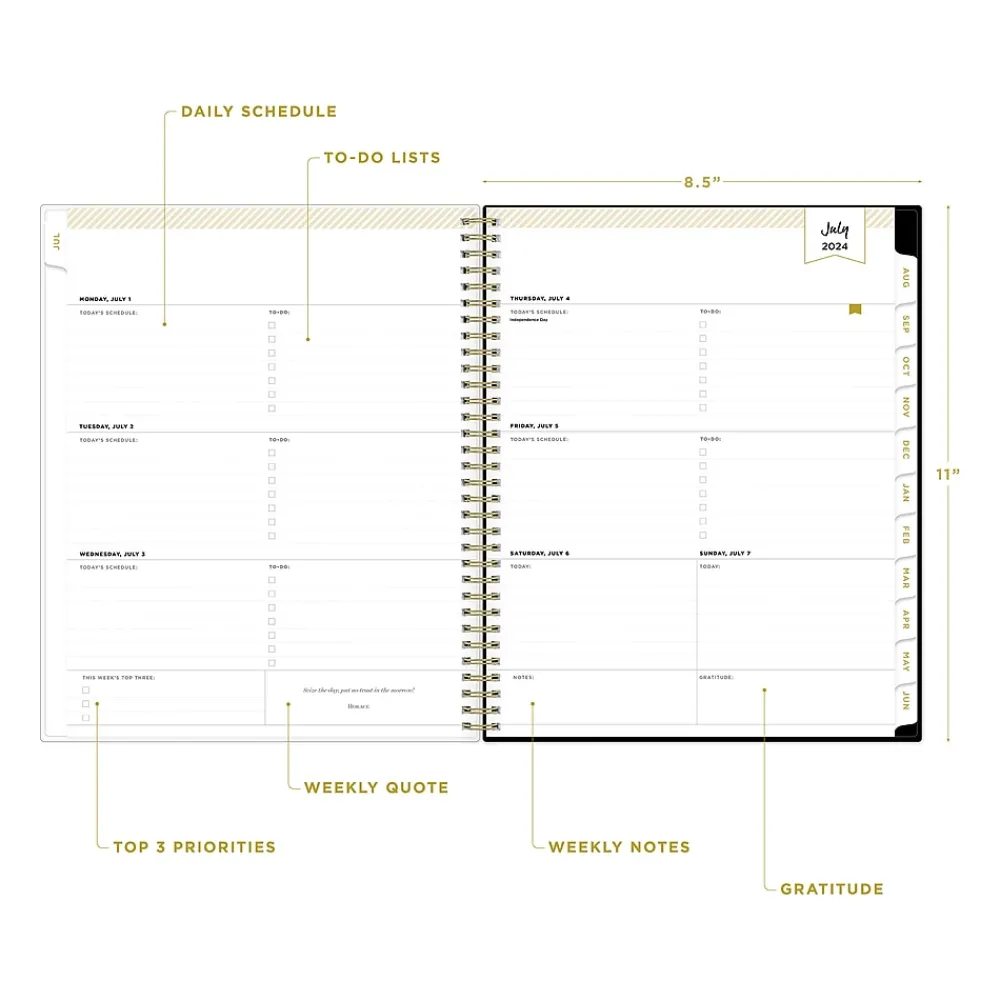 Academic Planners|Blue Sky 2024-2025 Day Designer Swiss Dot 8.5" x 11" Academic Weekly & Monthly Planner, Black/Gold (150136)