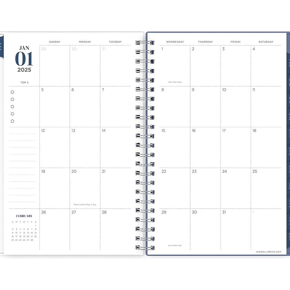 2025 Planners|Blue Sky 2025 inkWELL Press Twilight Blooms 5" x 8" Weekly & Monthly Planner, Plastic Cover, Blue/Yellow (152191)