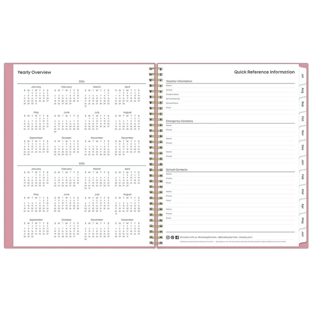 Academic Planners|Blue Sky 2024-2025 Teacher Lesson 8.5" x 11" Academic Weekly & Monthly Planner, Plastic Cover, Pink (145032)