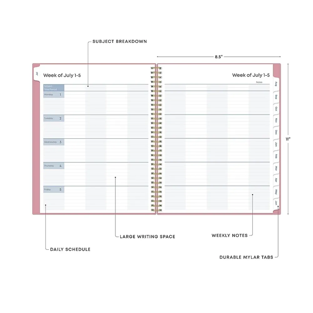 Academic Planners|Blue Sky 2024-2025 Teacher Lesson 8.5" x 11" Academic Weekly & Monthly Planner, Plastic Cover, Pink (145032)