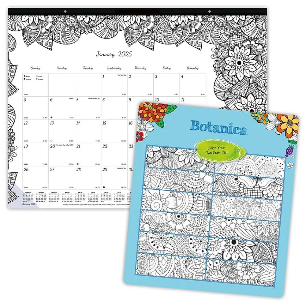 2025 Calendars|Blueline 2025 DoodlePlan Botanica 22" x 17" Monthly Coloring Desk Pad Calendar, White/Black (C2917311)