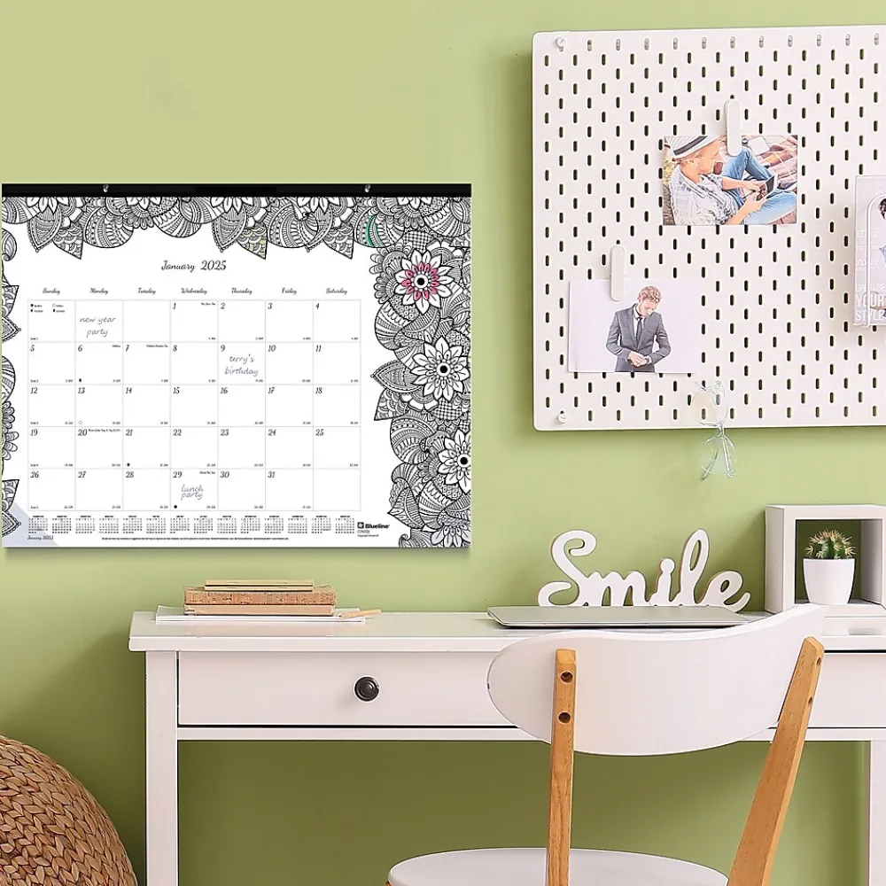 2025 Calendars|Blueline 2025 DoodlePlan Botanica 22" x 17" Monthly Coloring Desk Pad Calendar, White/Black (C2917311)