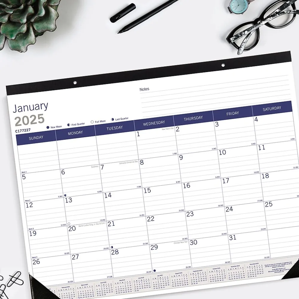 2025 Calendars|Blueline 2025 DuraGlobe 22" x 17" Monthly Desk Pad Calendar, White/Blue (C177227)