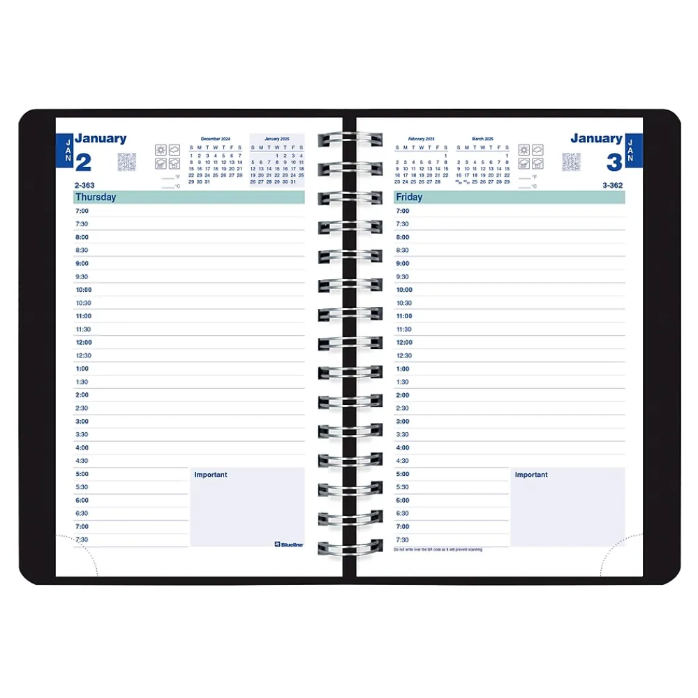 2025 Planners|Blueline 2025 Plan & Link 5" x 8" Daily Appointment Book, Faux Leather Cover, Black (C1504W.81)