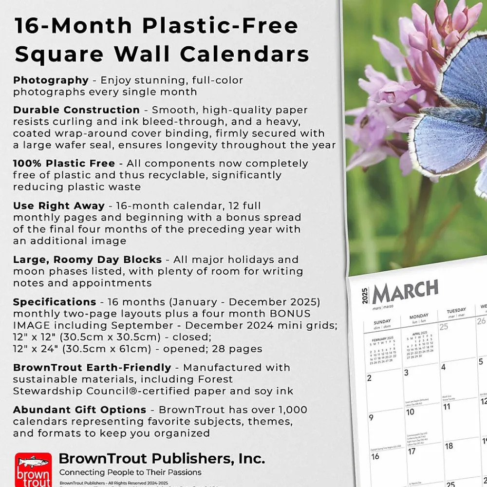 2025 Calendars|BrownTrout 2025 Butterflies 12" x 12" Monthly Wall Calendar (9781975476762)