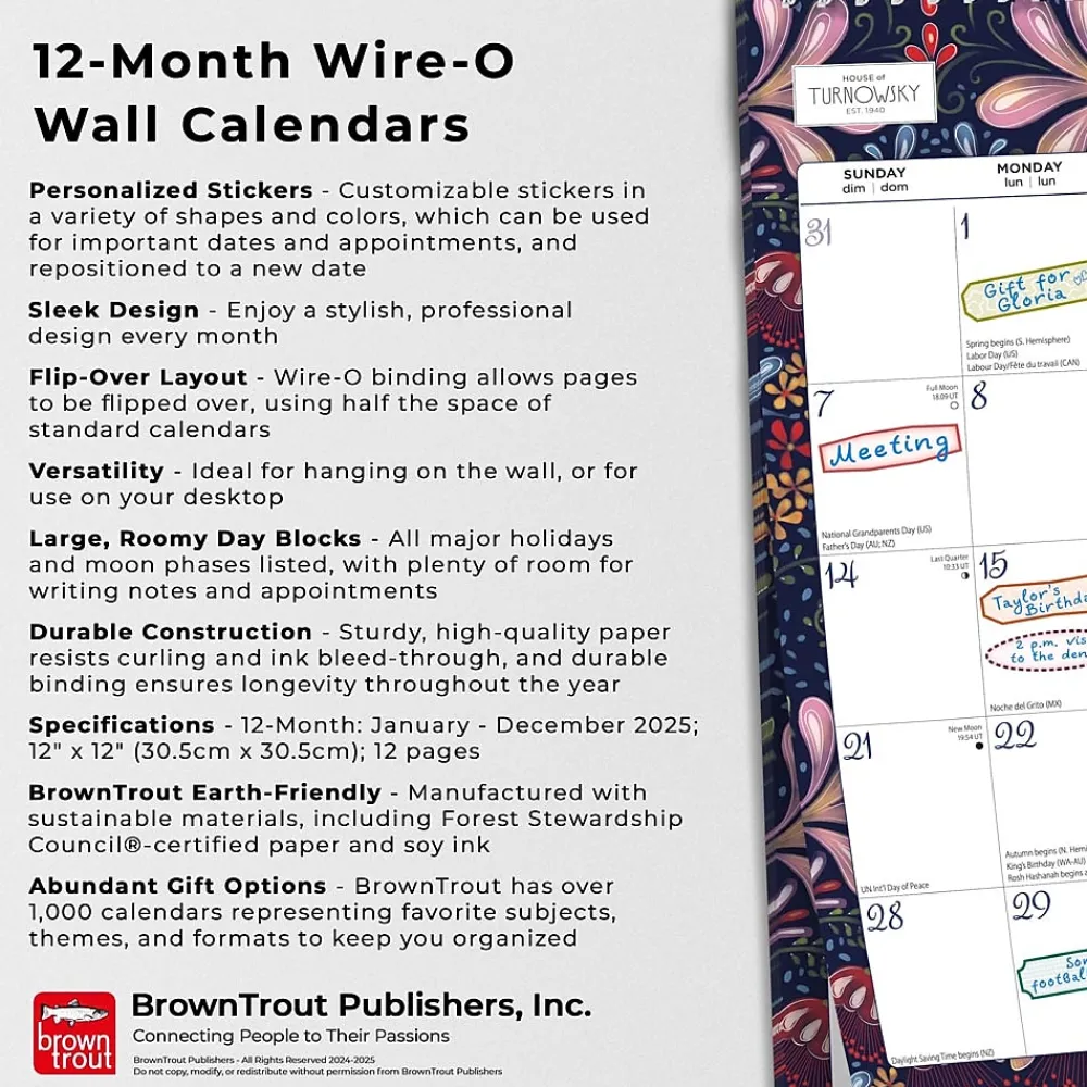 2025 Calendars|BrownTrout 2025 House of Turnowsky 12" x 12" Monthly Square Wire-O Wall Calendar, (9781975479947)
