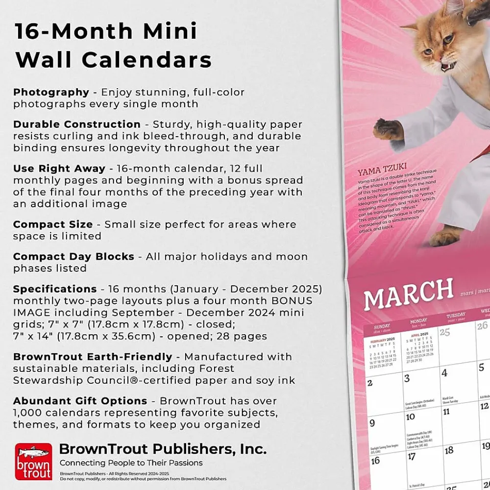 2025 Calendars|BrownTrout 2025 Karate Cats 7" x 14" Monthly Mini Wall Calendar, (9781975479541)