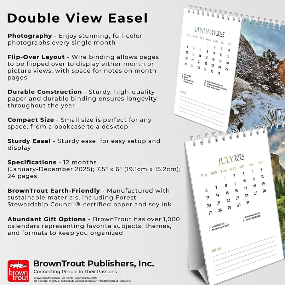 2025 Calendars|BrownTrout 2025 National Parks 7.5" x 6" Monthly Double-View Easel Desk Calendar, (9781975478469)