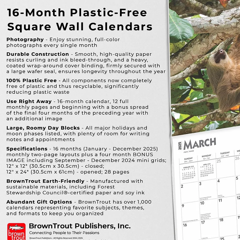 2025 Calendars|BrownTrout 2025 Sloths 12" x 12" Monthly Square Wall Calendar (9781975475703)