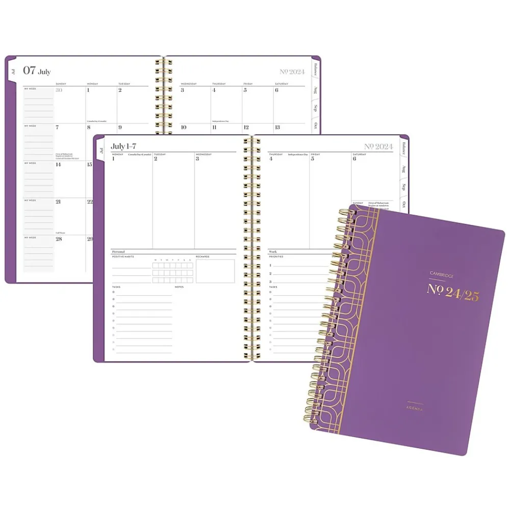 Academic Planners|Cambridge 2024-2025 WorkStyle Balance 5.5" x 8.5" Academic Weekly & Monthly Planner, Poly Cover, Purple Swirl