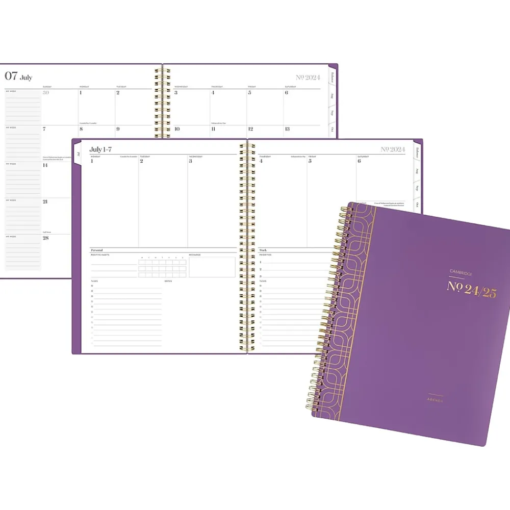 Academic Planners|Cambridge 2024-2025 WorkStyle Balance Purple Swirl 8.5" x 11" Academic Weekly & Monthly Planner, Poly Cover, Purple/Gold