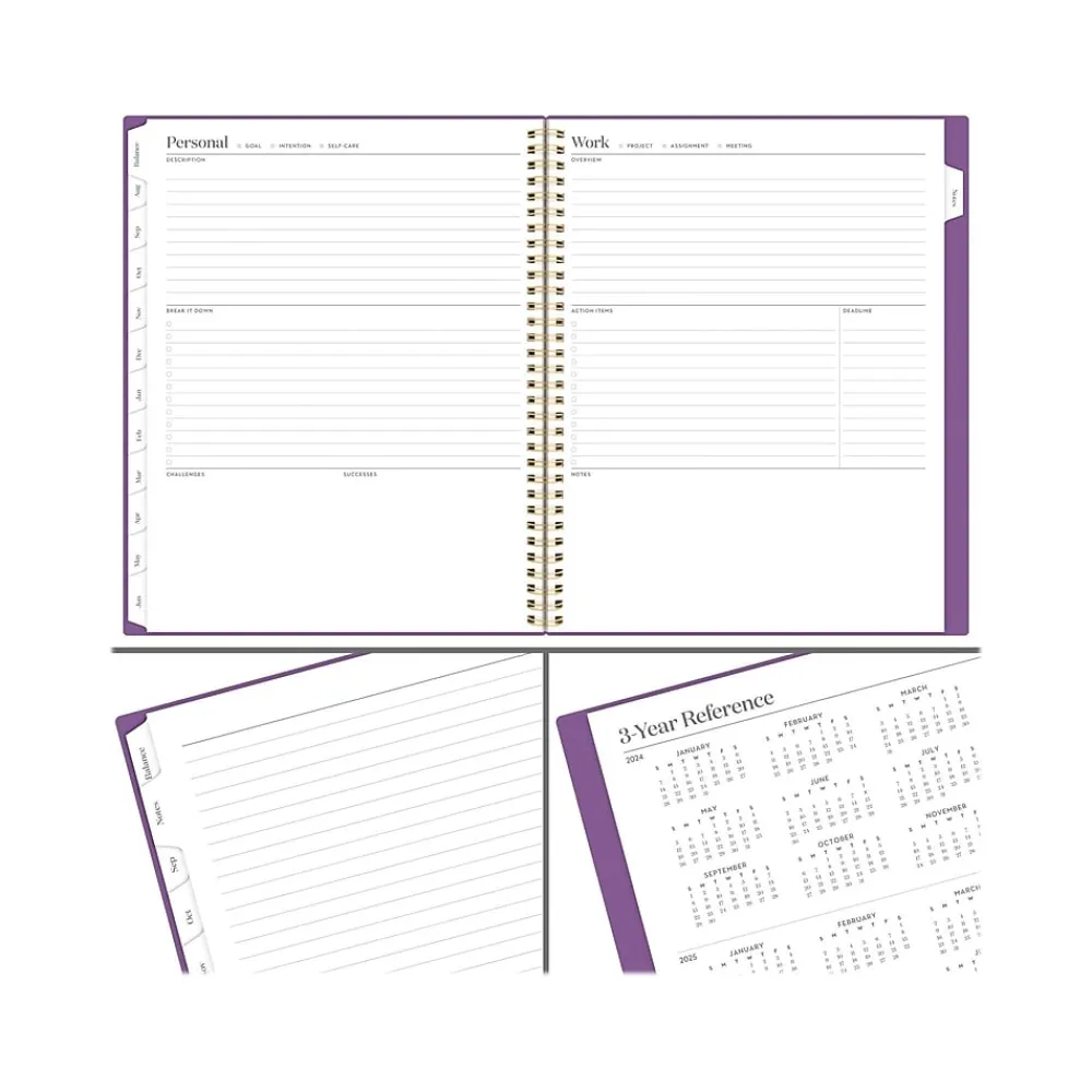 Academic Planners|Cambridge 2024-2025 WorkStyle Balance Purple Swirl 8.5" x 11" Academic Weekly & Monthly Planner, Poly Cover, Purple/Gold