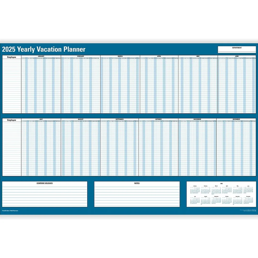 2025 Calendars|ComplyRight 2025 36" x 24" Yearly Dry Erase Wall Calendar, Vacation, Blue/White (J1712)