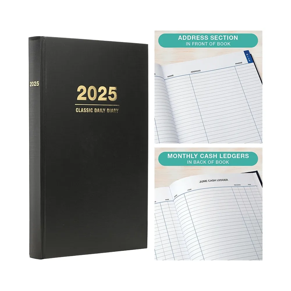 2025 Planners|Global Printed Products 2025 8" x 12.5" Daily Planner, Cardboard Cover, Black (SPLS-SDCY25-BK)