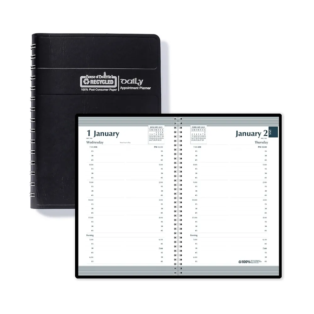2025 Planners|House of Doolittle 2025 5" x 8" Daily Appointment Book, Faux Leather Cover, Black (28802-25)