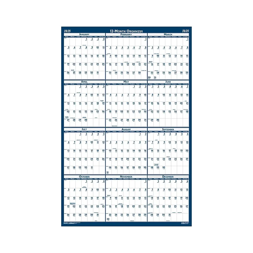 2025 Calendars|House of Doolittle 2025 24" x 18" Yearly Wet-Erase Wall Calendar, Reversible, White/Blue (3960-25)