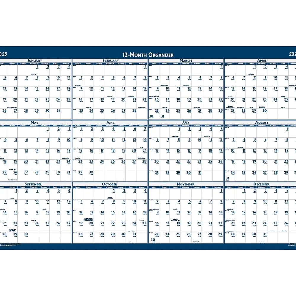 2025 Calendars|House of Doolittle 2025 48" x 32" Yearly Wet-Erase Wall Calendar, Reversible, White/Blue (3961-25)