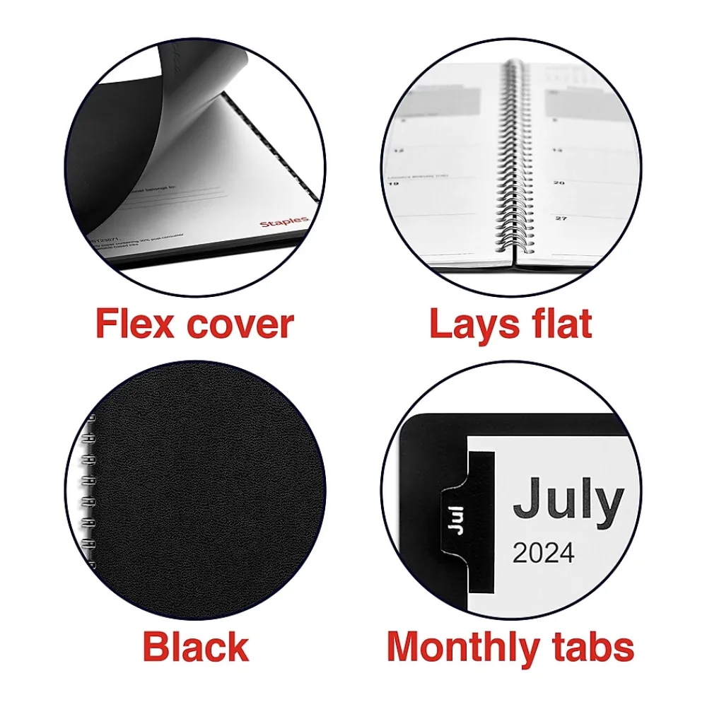 Academic Planners|Staples 2024-2025 8" x 11" Academic Monthly Planner, Faux Leather Cover, Black (ST23571-23)