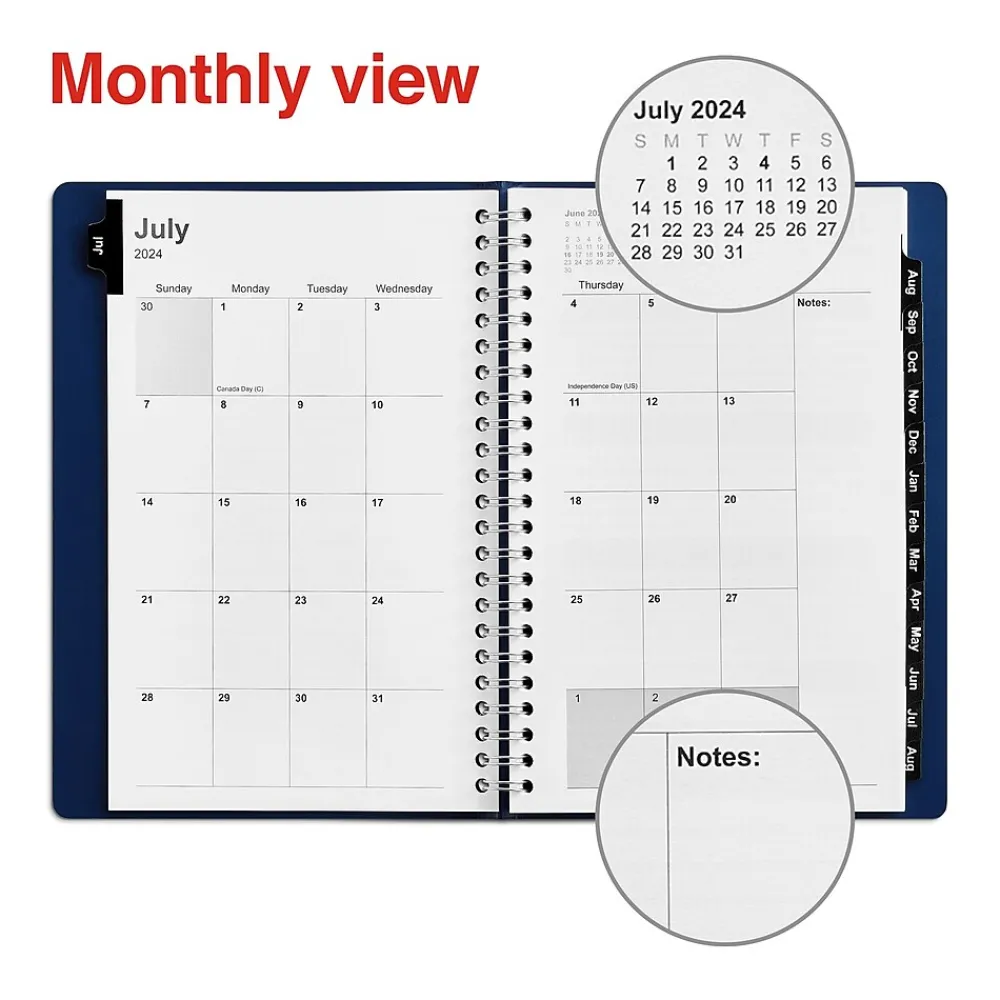 Academic Planners|Staples 2024-2025 5" x 8" Academic Weekly & Monthly Planner, Faux Leather Cover, Navy (ST60362-23)