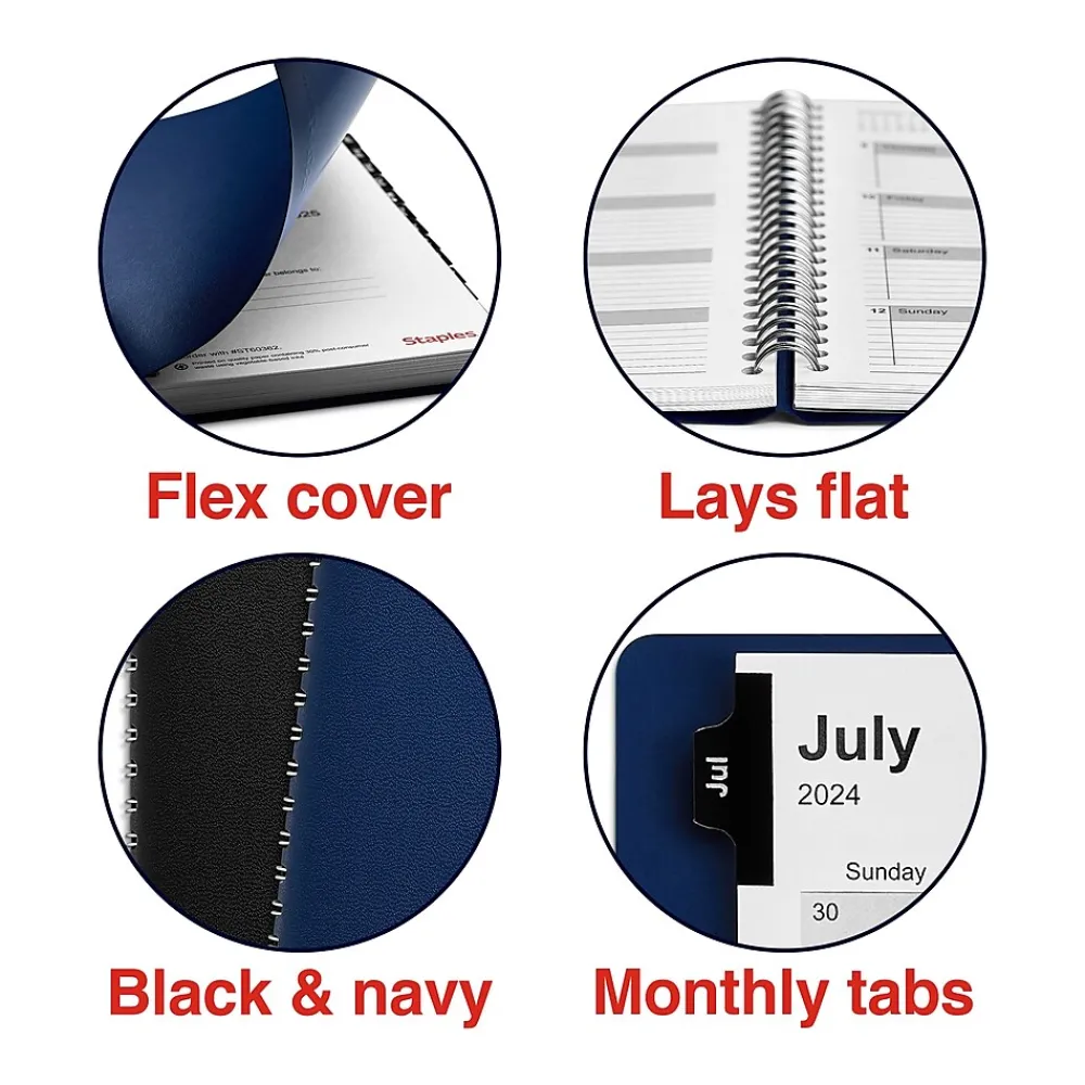 Academic Planners|Staples 2024-2025 5" x 8" Academic Weekly & Monthly Planner, Faux Leather Cover, Navy (ST60362-23)