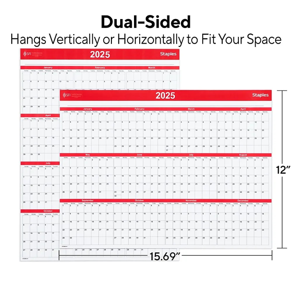 2025 Calendars|Staples 2025 15.69" x 12" Dry Erase Wall Calendar, Red/White (ST53905-25)