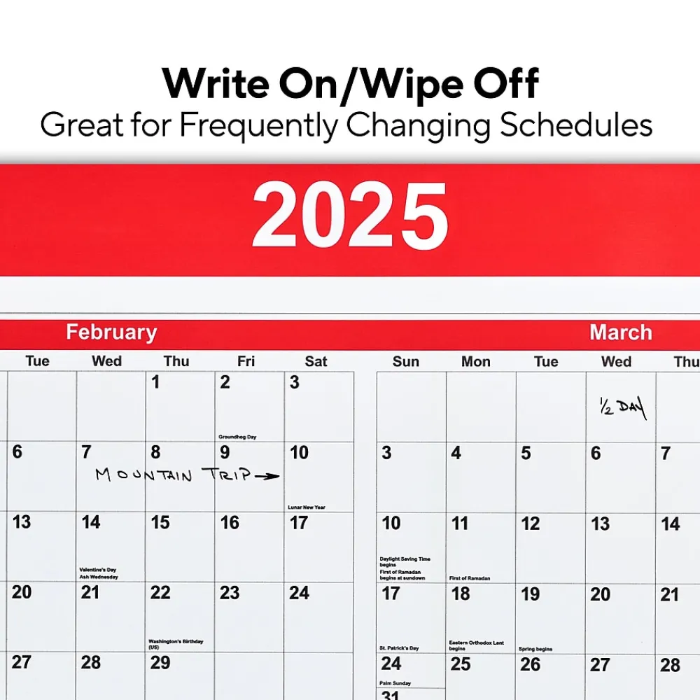 2025 Calendars|Staples 2025 48" x 32" Dry Erase Wall Calendar, Red/White (ST53911-25)