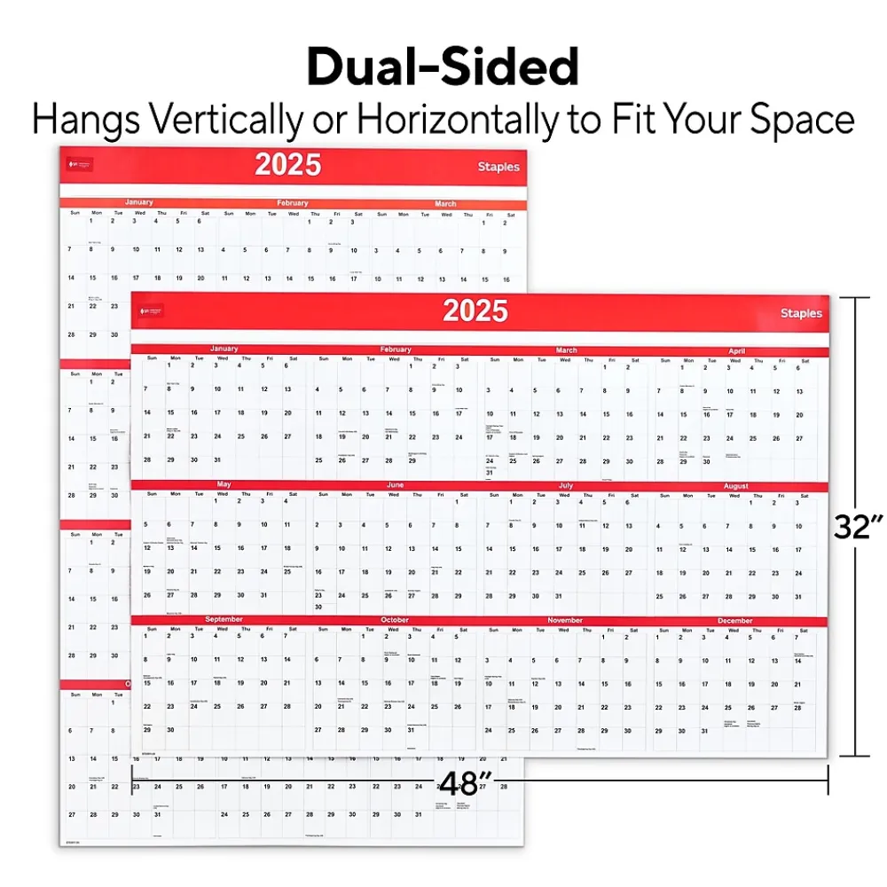 2025 Calendars|Staples 2025 48" x 32" Dry Erase Wall Calendar, Red/White (ST53911-25)