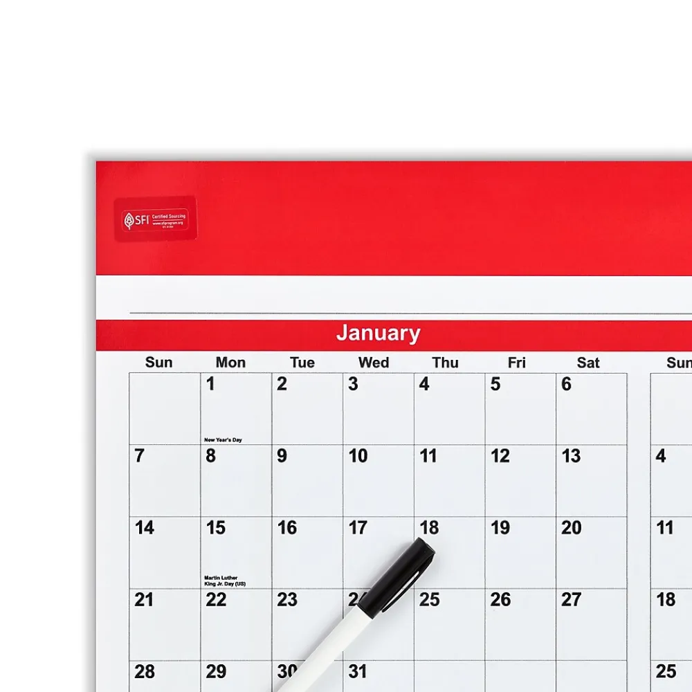 2025 Calendars|Staples 2025 48" x 32" Dry Erase Wall Calendar, Red/White (ST53911-25)