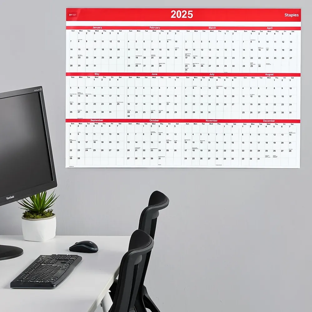 2025 Calendars|Staples 2025 48" x 32" Dry Erase Wall Calendar, Red/White (ST53911-25)