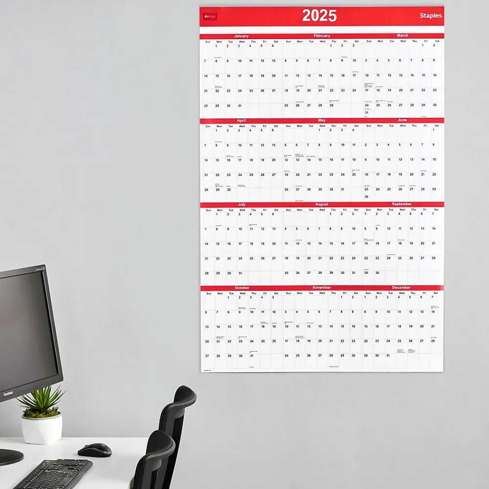 2025 Calendars|Staples 2025 48" x 32" Dry Erase Wall Calendar, Red/White (ST53911-25)