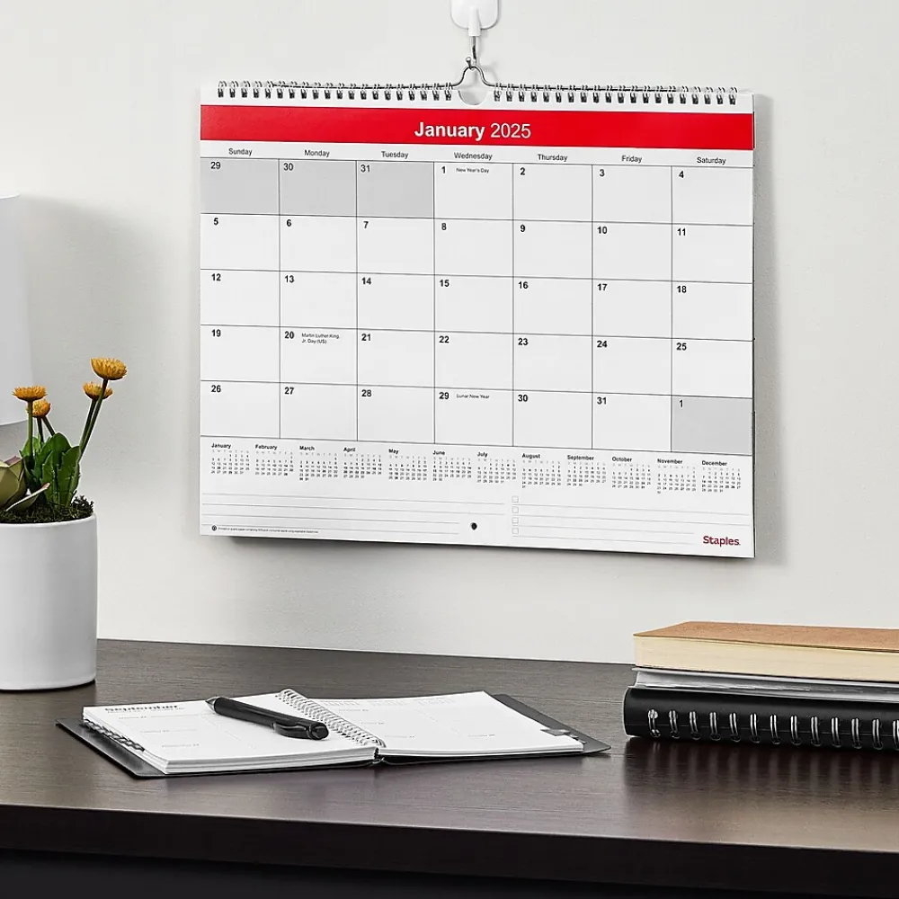 2025 Calendars|Staples 2025 15" x 12" Wall Calendar, Red/White (ST52080-25)