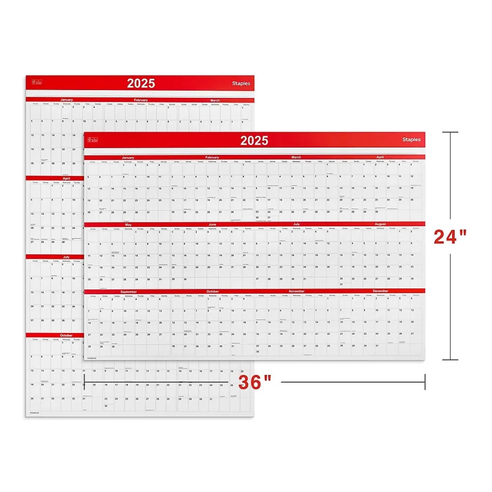2025 Calendars|Staples 2025 36" x 24" Wall Calendar, Red (ST53903-25)