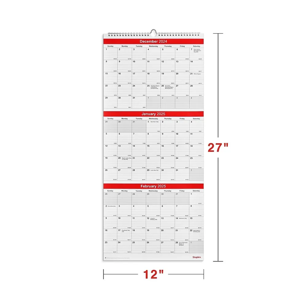 2025 Calendars|Staples 2025 12" x 27" Wall Calendar, Red/White (ST53920-25)
