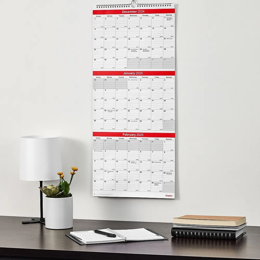 2025 Calendars|Staples 2025 12" x 27" Wall Calendar, Red/White (ST53920-25)
